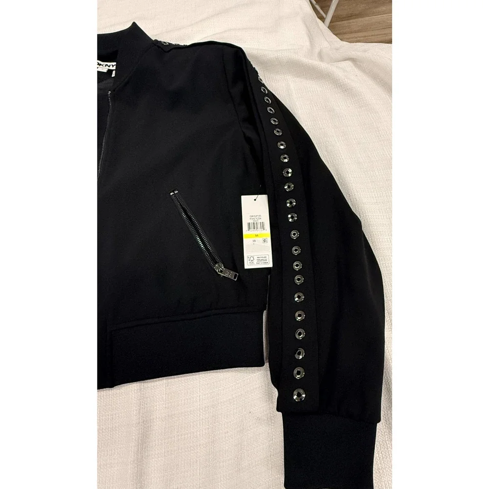 DKNY Women's Black Bomber Jacket Size M Studded Grommet Sleeve Full Zip NWT